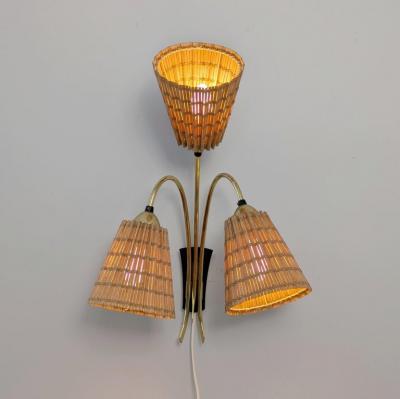 Mid Century Finnish Design Wall Lamp in Brass Wooden Slatted Shades 1950s