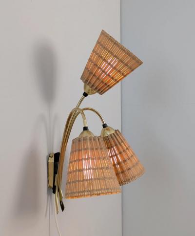 Mid Century Finnish Design Wall Lamp in Brass Wooden Slatted Shades 1950s
