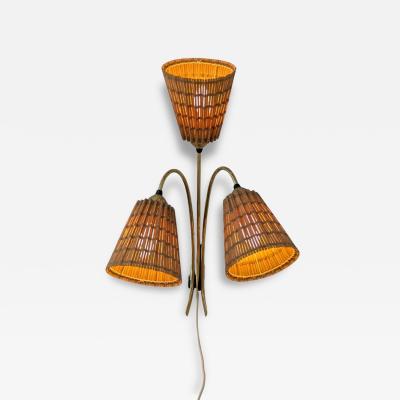 Mid Century Finnish Design Wall Lamp in Brass Wooden Slatted Shades 1950s