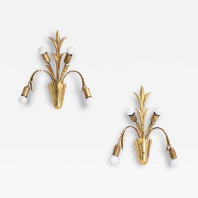 Mid Century French Brass Botanic Sconces a Pair