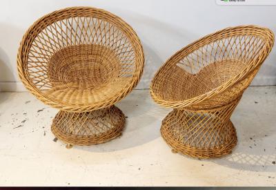 Mid Century French Pair of Wicker Chairs with Side Table