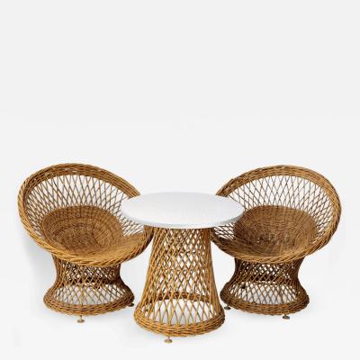 Mid Century French Pair of Wicker Chairs with Side Table