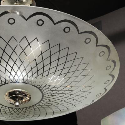 Mid Century Frosted Glass Chandelier with Geometric Motif Chrome Fittings
