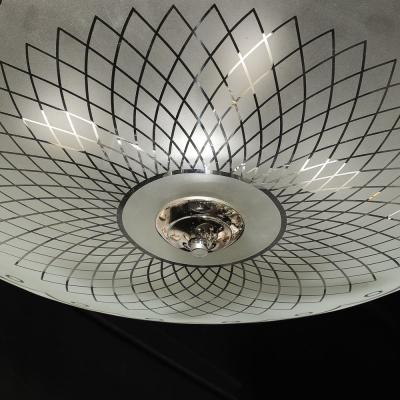 Mid Century Frosted Glass Chandelier with Geometric Motif Chrome Fittings