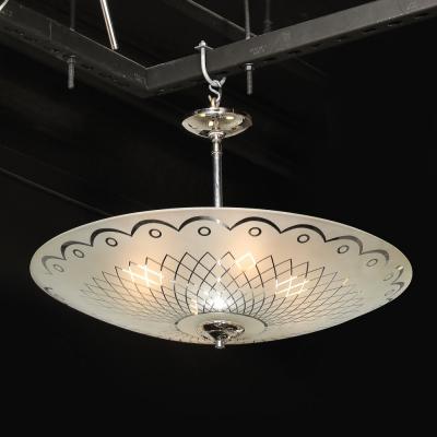 Mid Century Frosted Glass Chandelier with Geometric Motif Chrome Fittings