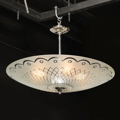 Mid Century Frosted Glass Chandelier with Geometric Motif Chrome Fittings