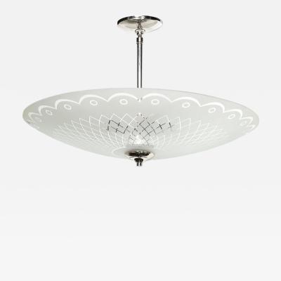 Mid Century Frosted Glass Chandelier with Geometric Motif Chrome Fittings