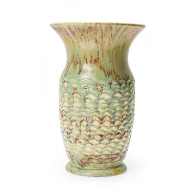 Mid Century German Light Green and Brown Drip Glazed Ceramic Vase
