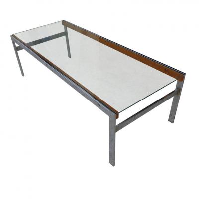Mid Century Glass Top Chrome Wood Coffee Table