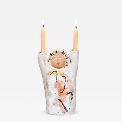 Mid Century Glazed Ceramic Abstract Figure Candle Holder