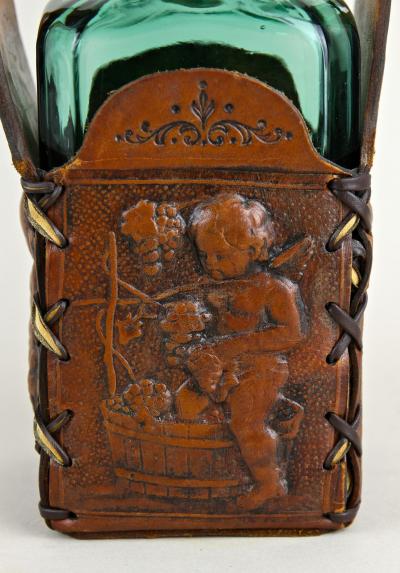 Mid Century Green Glass Decanter With Embossed Leather Case AT ca 1960