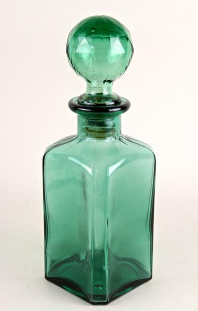 Mid Century Green Glass Decanter With Embossed Leather Case AT ca 1960