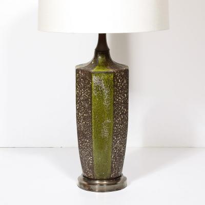 Mid Century Green Umber Ceramic Lava Glaze Table Lamp w Antiqued Fittings