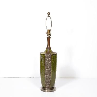 Mid Century Green Umber Ceramic Lava Glaze Table Lamp w Antiqued Fittings