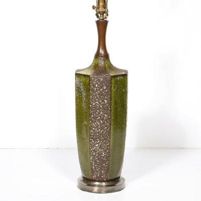 Mid Century Green Umber Ceramic Lava Glaze Table Lamp w Antiqued Fittings
