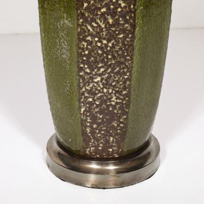 Mid Century Green Umber Ceramic Lava Glaze Table Lamp w Antiqued Fittings