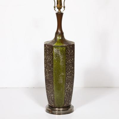 Mid Century Green Umber Ceramic Lava Glaze Table Lamp w Antiqued Fittings