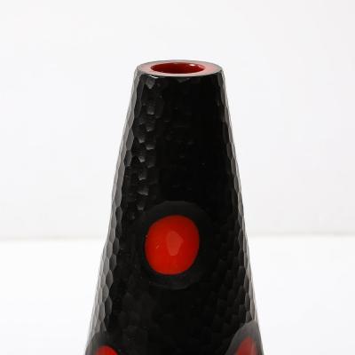 Mid Century Hand Blown Black W Vermillion Detailing Murano Battuto Glass Vase