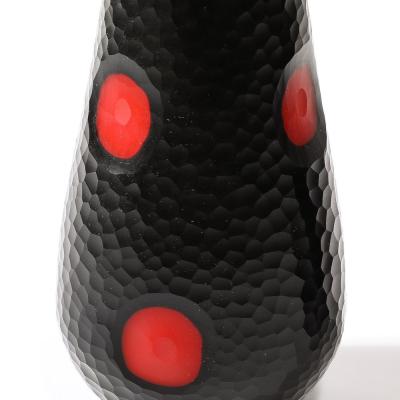 Mid Century Hand Blown Black W Vermillion Detailing Murano Battuto Glass Vase