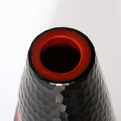 Mid Century Hand Blown Black W Vermillion Detailing Murano Battuto Glass Vase
