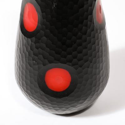 Mid Century Hand Blown Black W Vermillion Detailing Murano Battuto Glass Vase