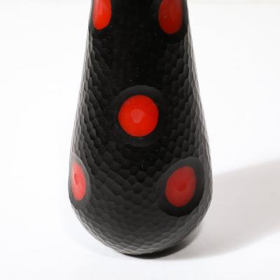 Mid Century Hand Blown Black W Vermillion Detailing Murano Battuto Glass Vase