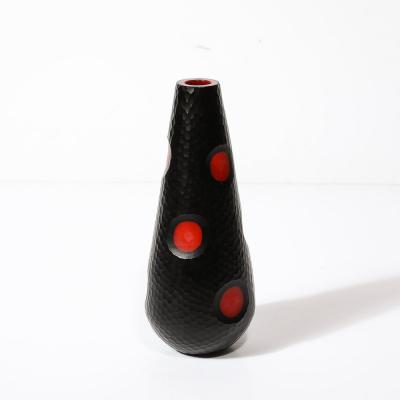 Mid Century Hand Blown Black W Vermillion Detailing Murano Battuto Glass Vase