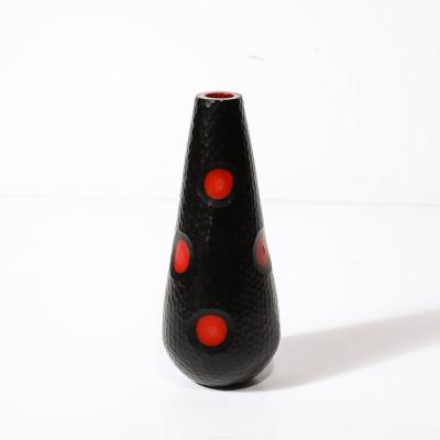 Mid Century Hand Blown Black W Vermillion Detailing Murano Battuto Glass Vase