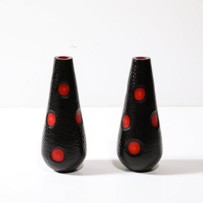 Mid Century Hand Blown Black W Vermillion Detailing Murano Battuto Glass Vases