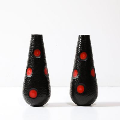 Mid Century Hand Blown Black W Vermillion Detailing Murano Battuto Glass Vases