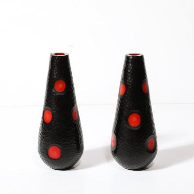 Mid Century Hand Blown Black W Vermillion Detailing Murano Battuto Glass Vases