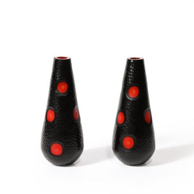 Mid Century Hand Blown Black W Vermillion Detailing Murano Battuto Glass Vases