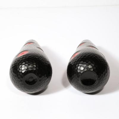 Mid Century Hand Blown Black W Vermillion Detailing Murano Battuto Glass Vases