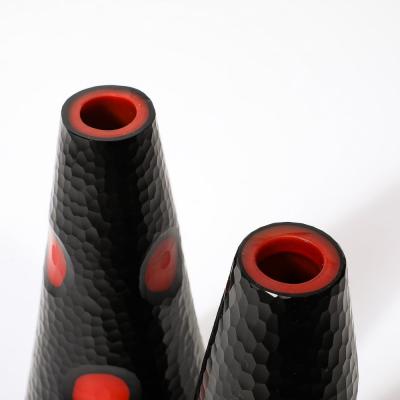 Mid Century Hand Blown Black W Vermillion Detailing Murano Battuto Glass Vases