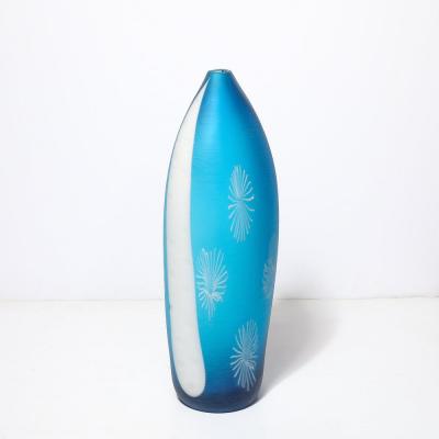 Mid Century Hand Blown Cerulean Blue Murano Glass Vase w Battuto Texturing