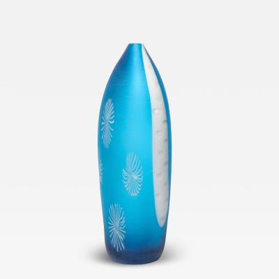 Mid Century Hand Blown Cerulean Blue Murano Glass Vase w Battuto Texturing