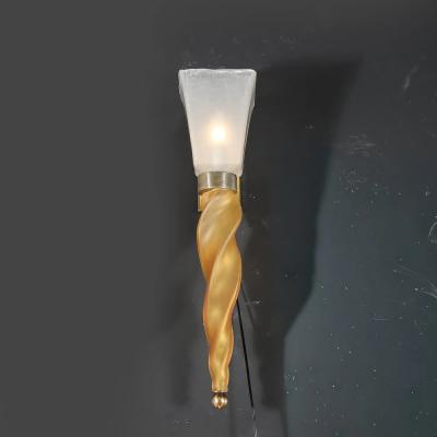 Mid Century Hand Blown Murano Frosted Glass Sconces with Spiral Amber Drop
