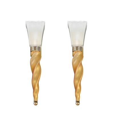 Mid Century Hand Blown Murano Frosted Glass Sconces with Spiral Amber Drop