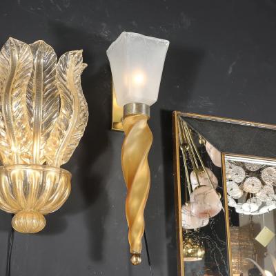 Mid Century Hand Blown Murano Frosted Glass Sconces with Spiral Amber Drop