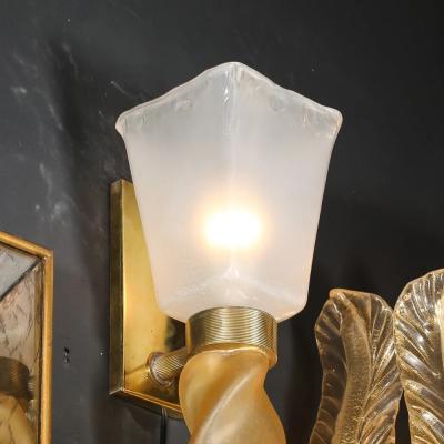 Mid Century Hand Blown Murano Frosted Glass Sconces with Spiral Amber Drop