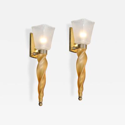 Mid Century Hand Blown Murano Frosted Glass Sconces with Spiral Amber Drop