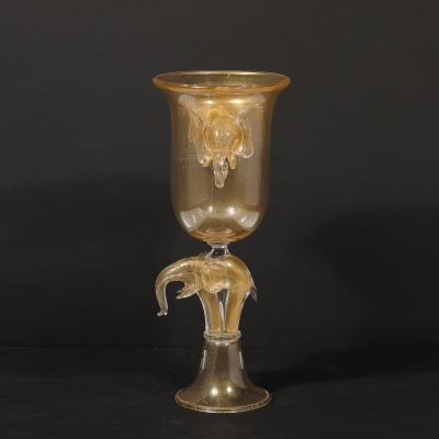 Mid Century Hand Blown Murano Glass Urn Form Vase w Sculptural Elephants Motifs