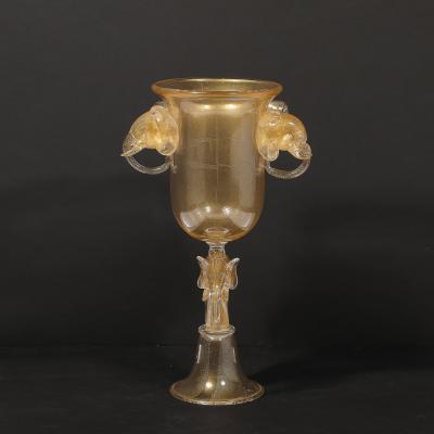 Mid Century Hand Blown Murano Glass Urn Form Vase w Sculptural Elephants Motifs