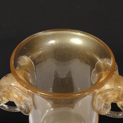 Mid Century Hand Blown Murano Glass Urn Form Vase w Sculptural Elephants Motifs