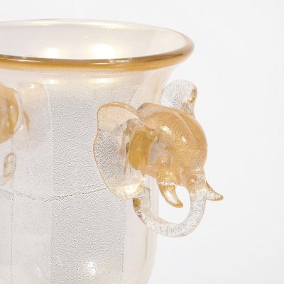 Mid Century Hand Blown Murano Glass Urn Form Vase w Sculptural Elephants Motifs