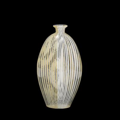 Mid Century Hand Blown Murano Glass Vase W White Yellow Linear Detailing