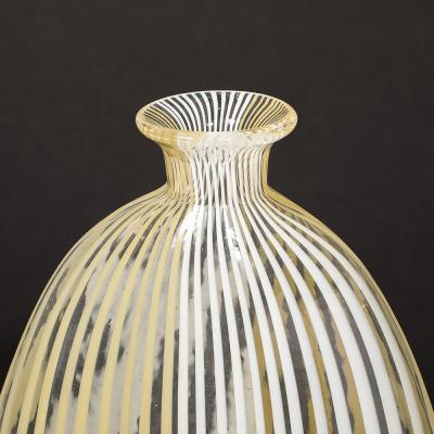 Mid Century Hand Blown Murano Glass Vase W White Yellow Linear Detailing