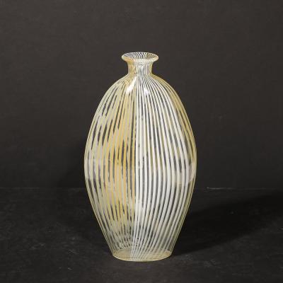 Mid Century Hand Blown Murano Glass Vase W White Yellow Linear Detailing