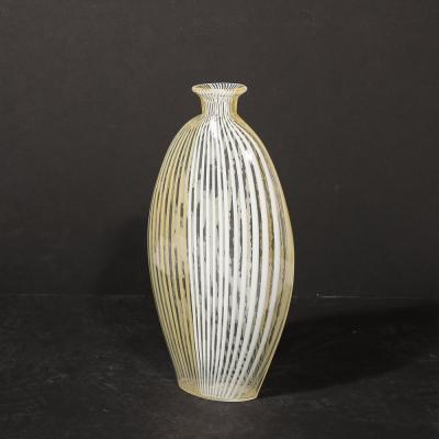 Mid Century Hand Blown Murano Glass Vase W White Yellow Linear Detailing