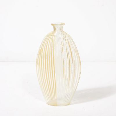 Mid Century Hand Blown Murano Glass Vase W White Yellow Linear Detailing